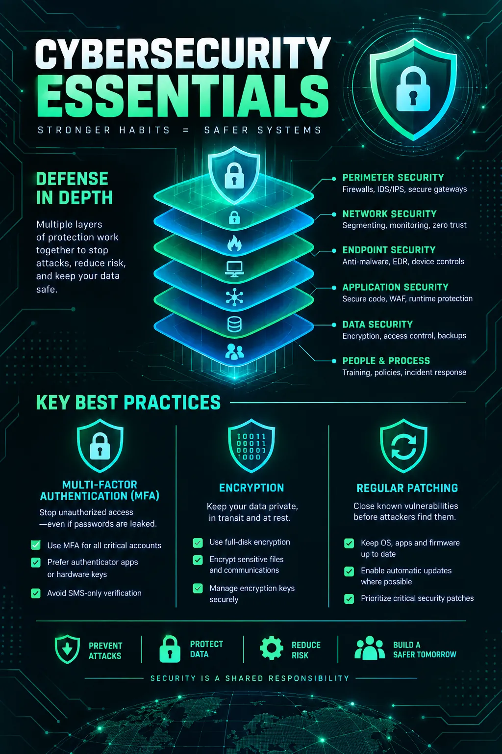 Cybersecurity Best Practices infographic — Essential cybersecurity practices: password hygiene, MFA adoption, phishing defense, encryption standards, and incident 