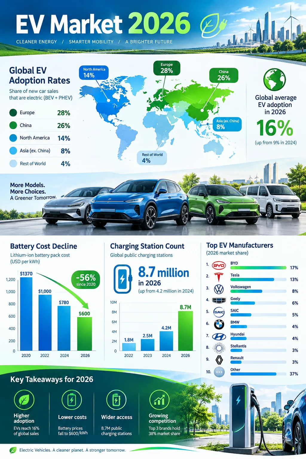 Electric Vehicle Market Overview infographic — EV market 2026: 17M+ global sales, China leading at 60% share, charging network expansion, battery cost declines, and ma