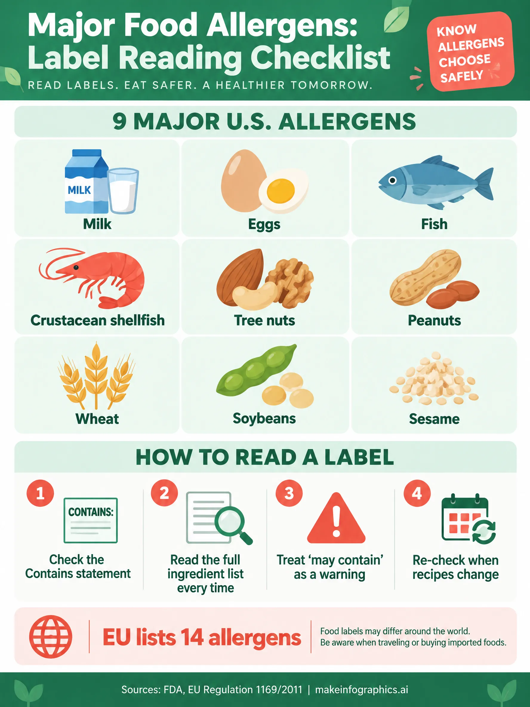 Major Food Allergens & Label Reading Checklist 2026 infographic — Nine FDA major allergens (sesame 2023) and 14 EU Annex II allergens: Contains labels, may contain warnings, cross-contac