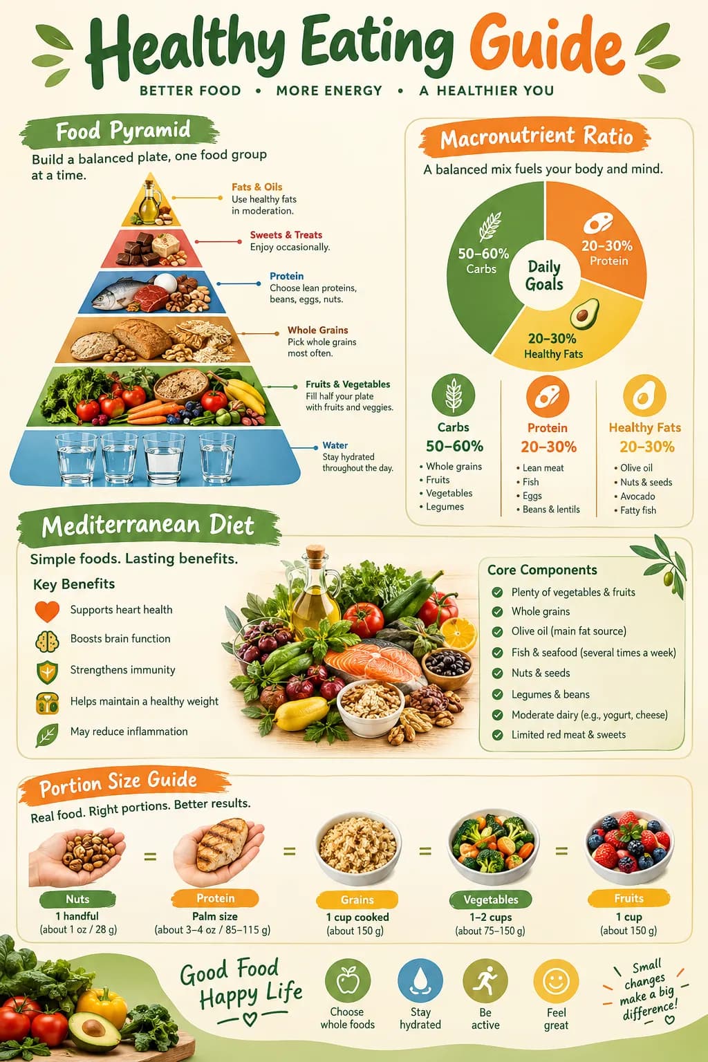 Healthy Eating Habits infographic — Science-backed nutrition guide: macronutrient balance, portion sizes, Mediterranean diet benefits, and evidence-based me