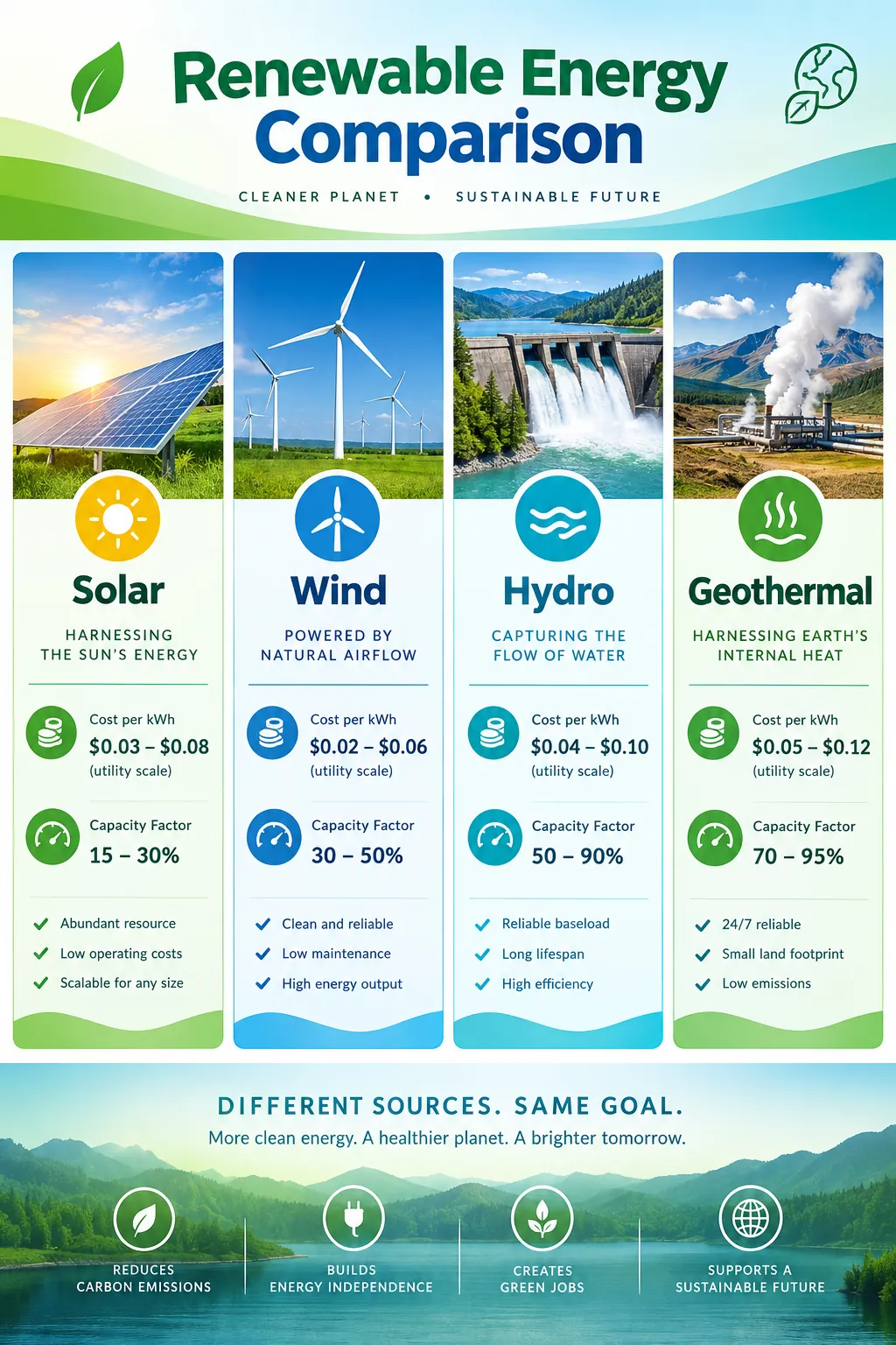 Renewable Energy Sources Comparison infographic — Compare solar, wind, hydro, geothermal, and biomass: levelized cost per kWh, capacity factors, emissions, and 2030 growt