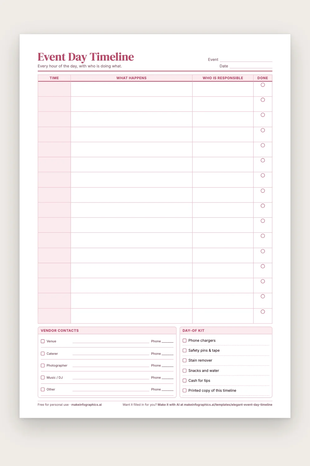 Blank printable Event Day Timeline in Blush pink