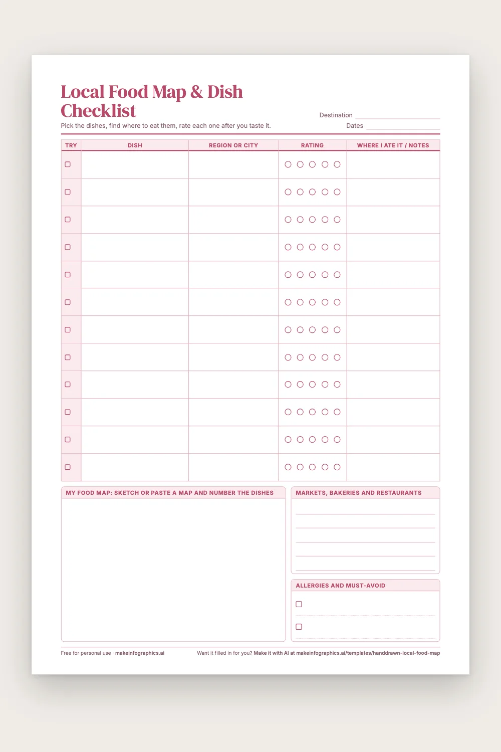 Blank printable Local Food Map & Dish Checklist in Blush pink