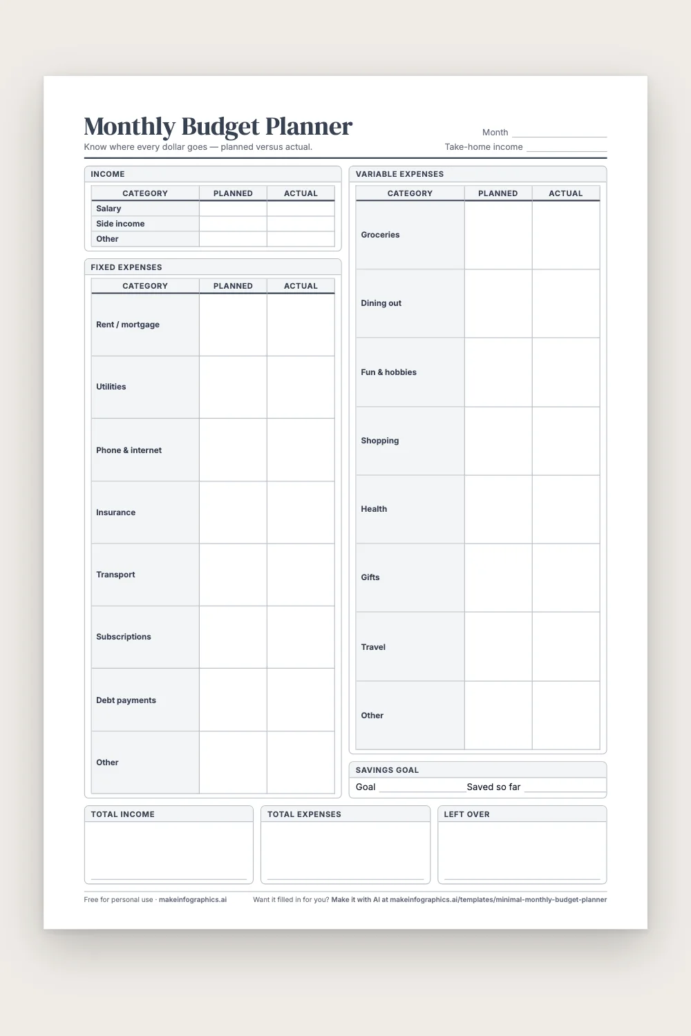 Blank printable Monthly Budget Planner in Black & white