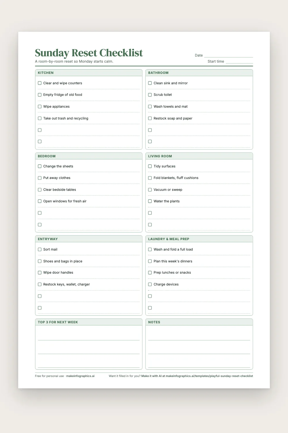 Blank printable Sunday Reset Checklist in Sage green