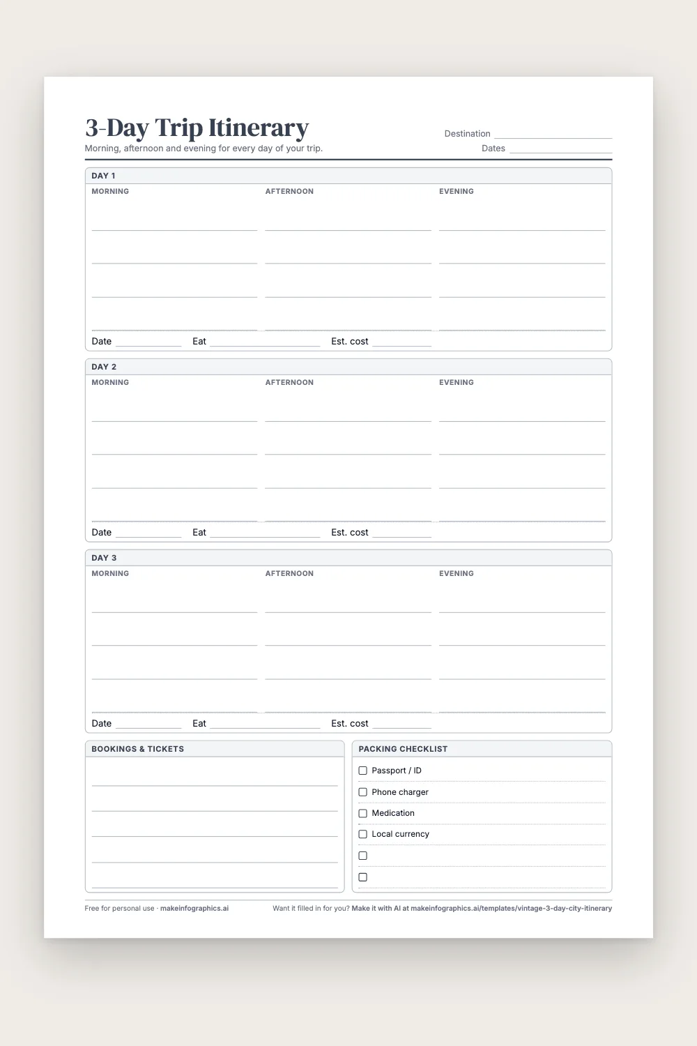 Blank printable 3-Day Trip Itinerary in Black & white