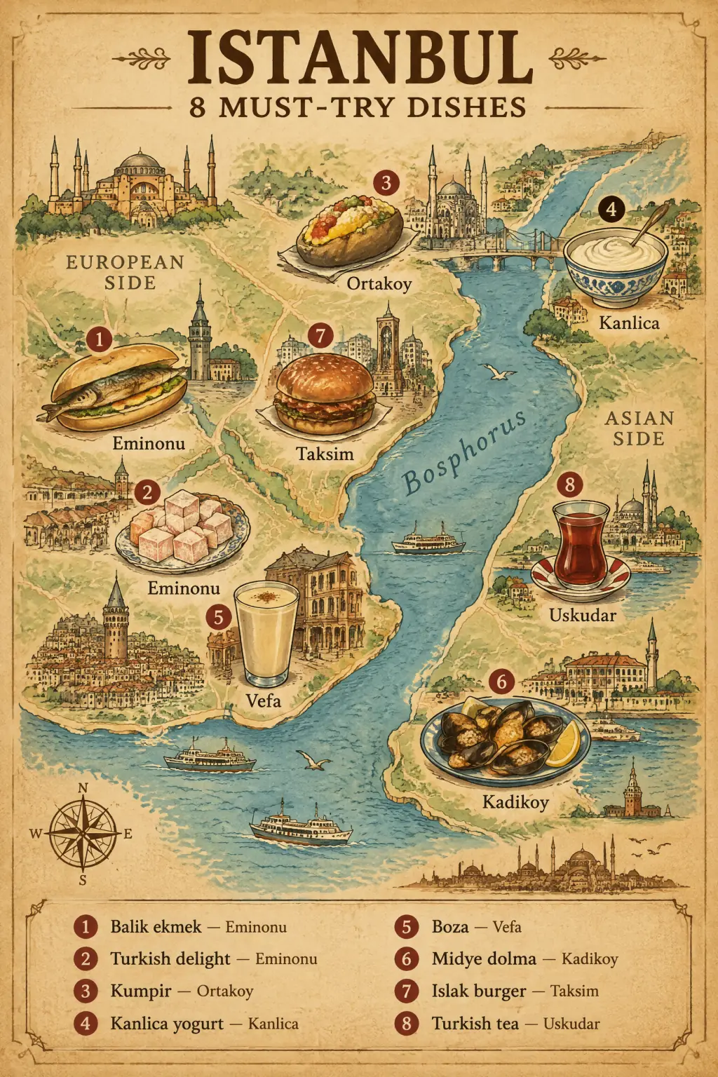 Istanbul: both sides of the Bosphorus: Local Food Map & Dish Checklist example in Vintage style
