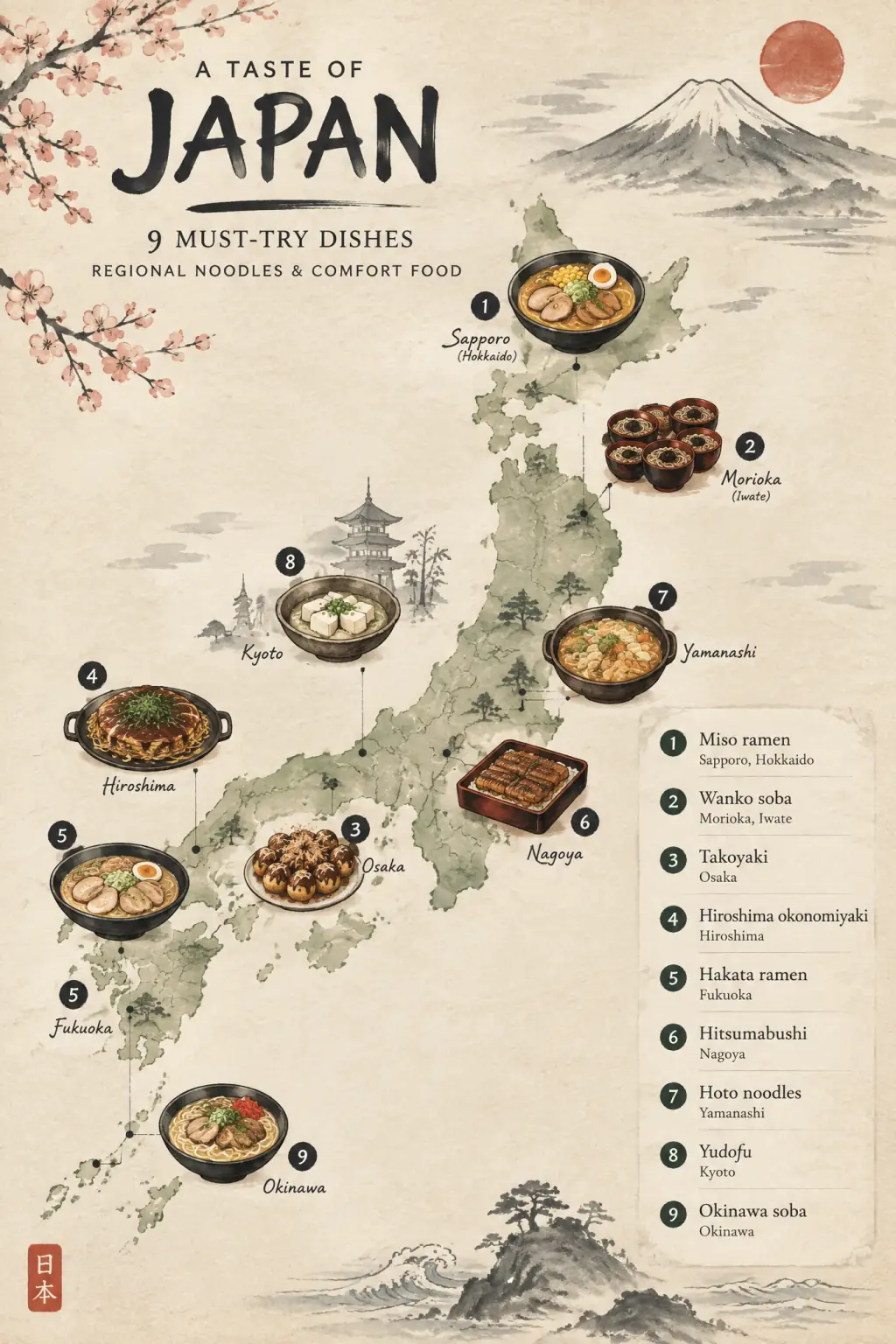Japan: regional noodles and comfort food: Local Food Map & Dish Checklist example in Japanese style