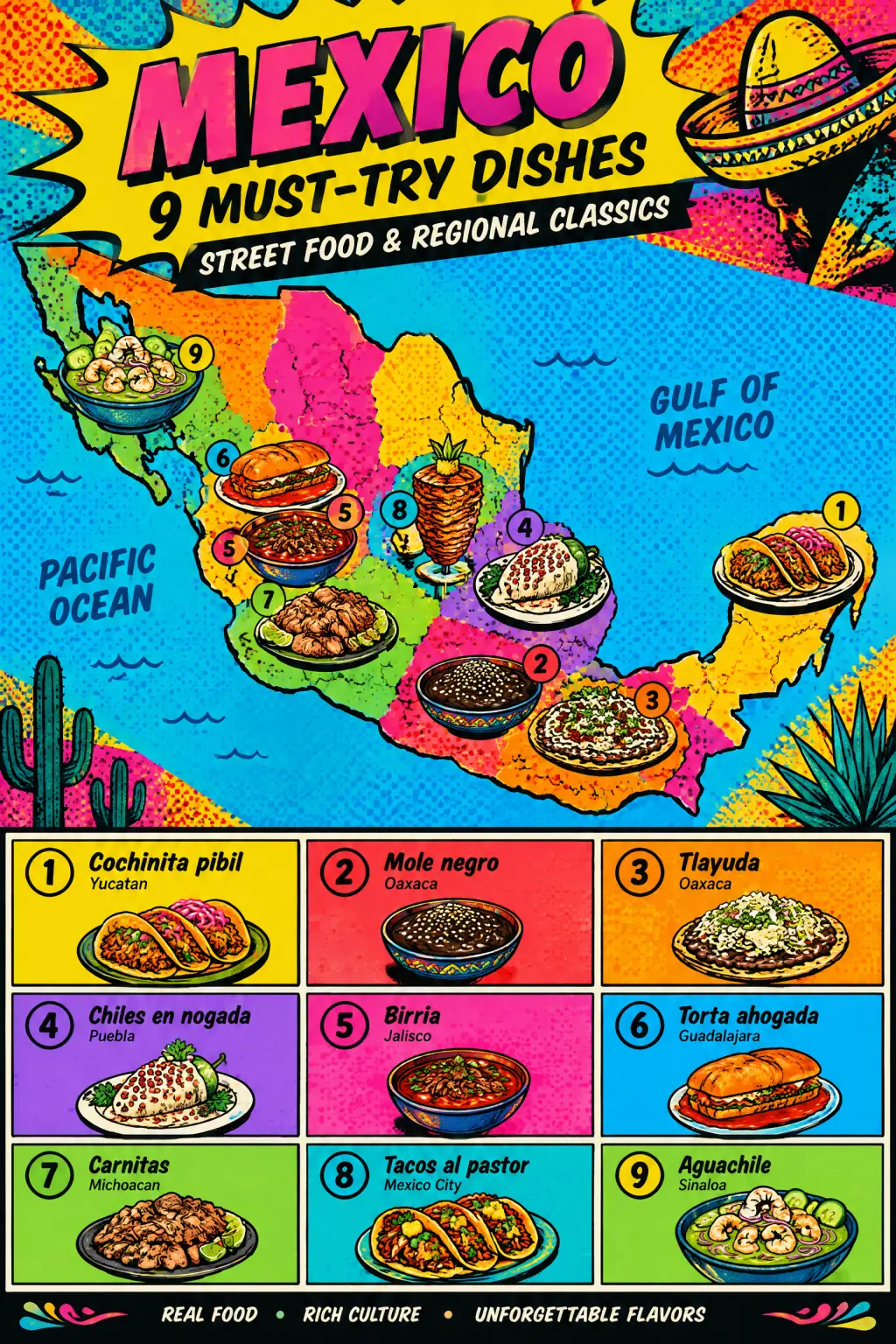 Mexico: street food and regional classics: Local Food Map & Dish Checklist example in Pop Art style