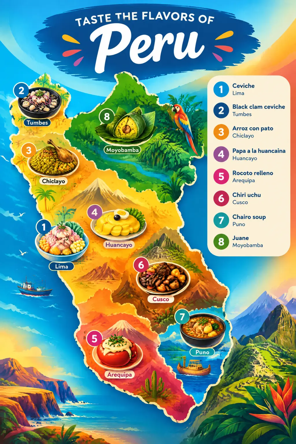 Peru: dishes from the coast, Andes and Amazon: Local Food Map & Dish Checklist example in Gradient style