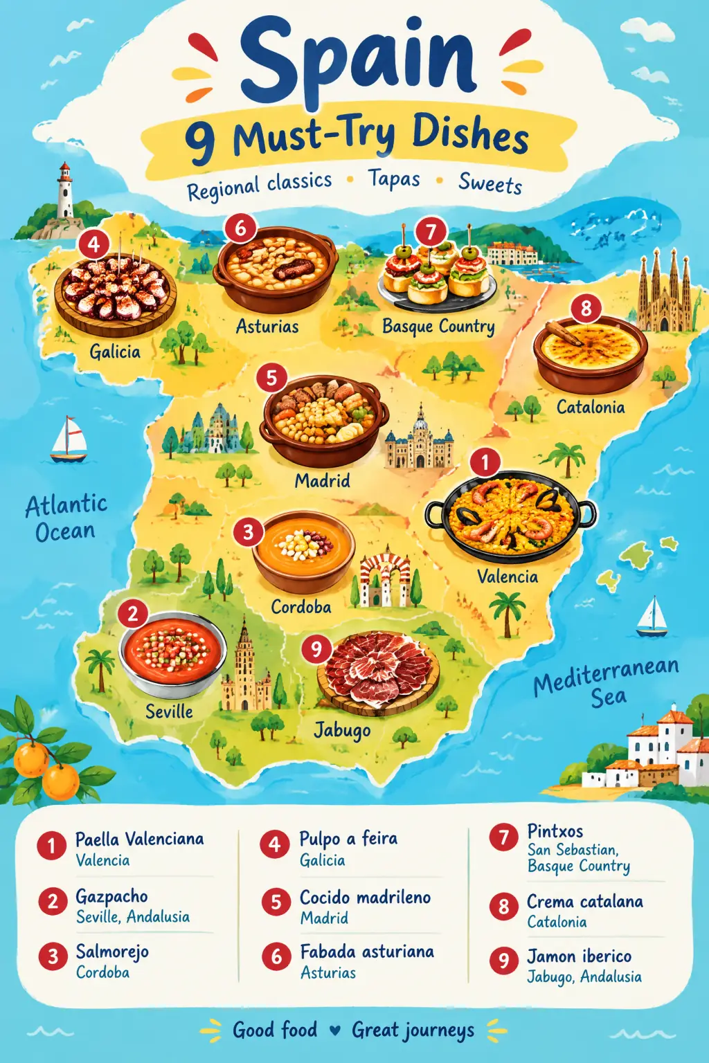 Spain: regional classics, tapas and sweets: Local Food Map & Dish Checklist example in Playful style