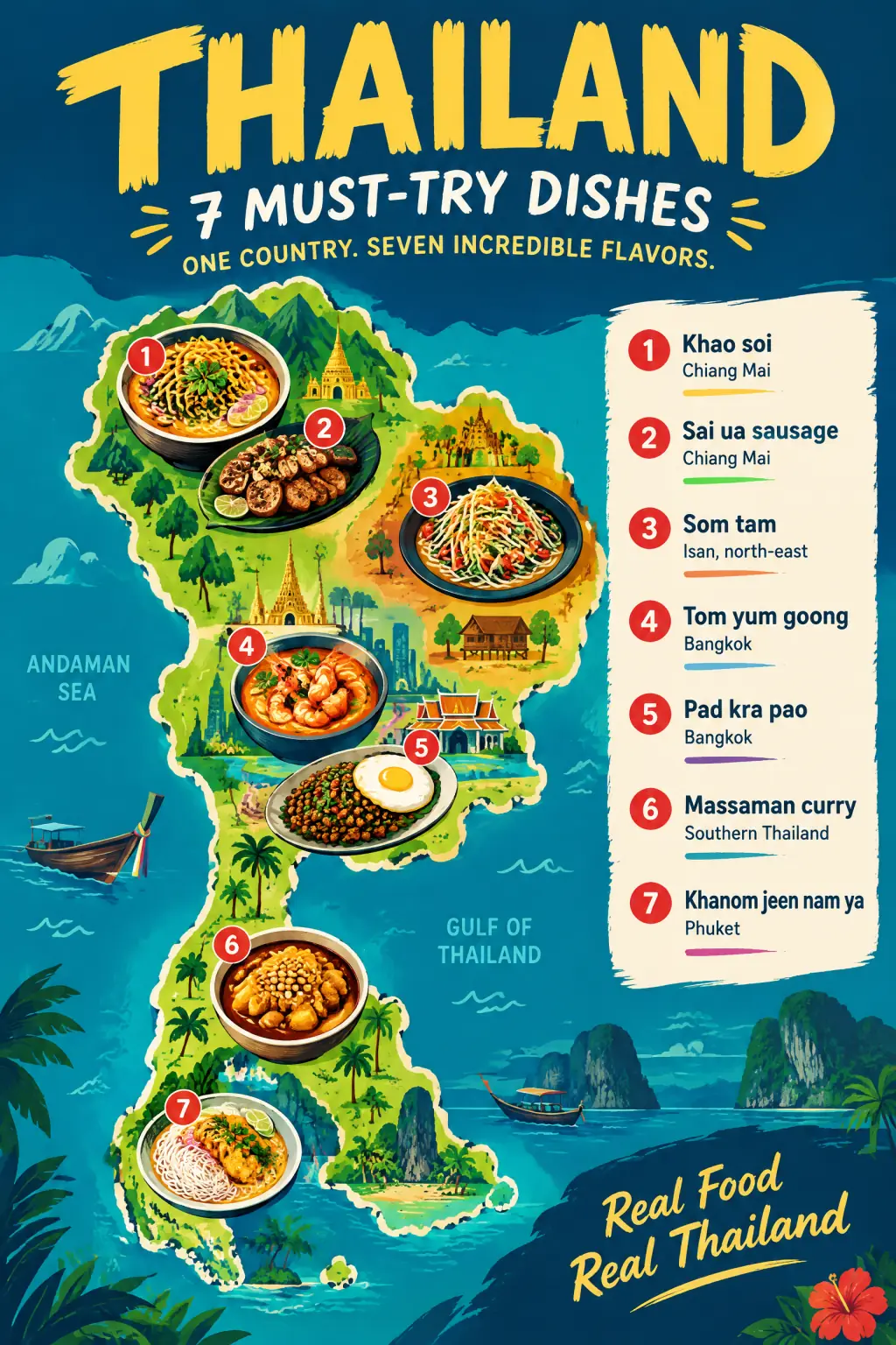 Thailand: dishes from north to south: Local Food Map & Dish Checklist example in Bold style