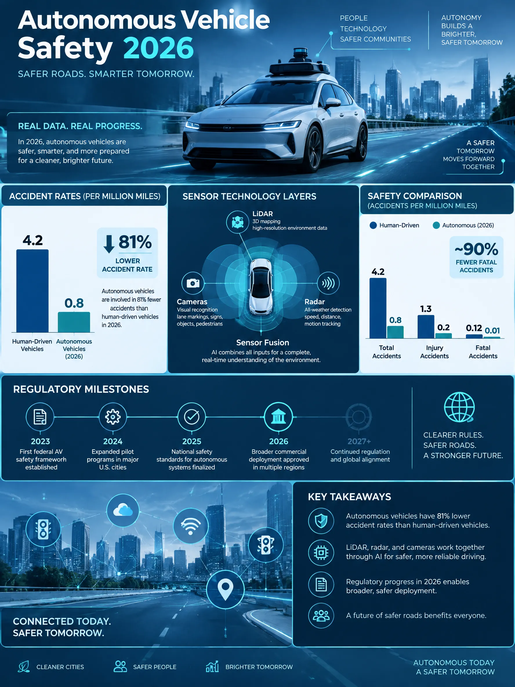 Autonomous Vehicle Safety Statistics 2026 infographic — Self-driving car safety data, accident rates vs human drivers, sensor technology layers, regulatory milestones, and AV d