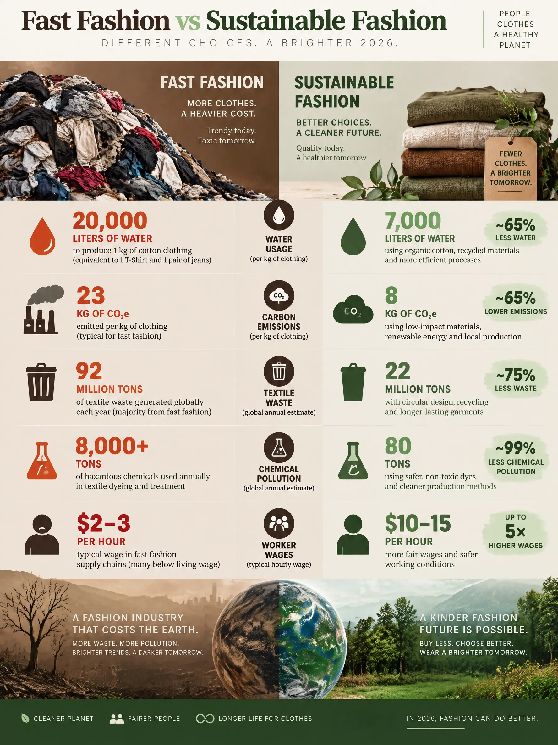 Fast Fashion vs Sustainable Fashion 2026 infographic — Environmental impact comparison of fast fashion versus sustainable fashion: water usage, carbon emissions, textile waste