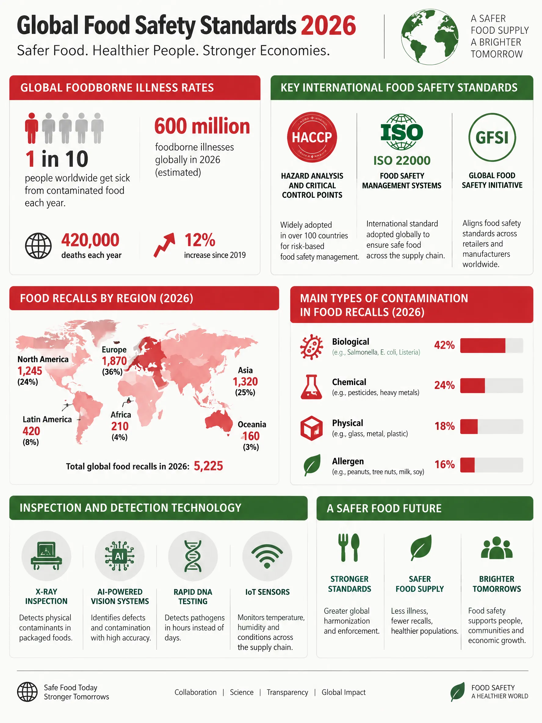 Global Food Safety Standards Overview 2026 infographic — Food safety statistics worldwide: foodborne illness rates, international certifications, recall data, contamination type