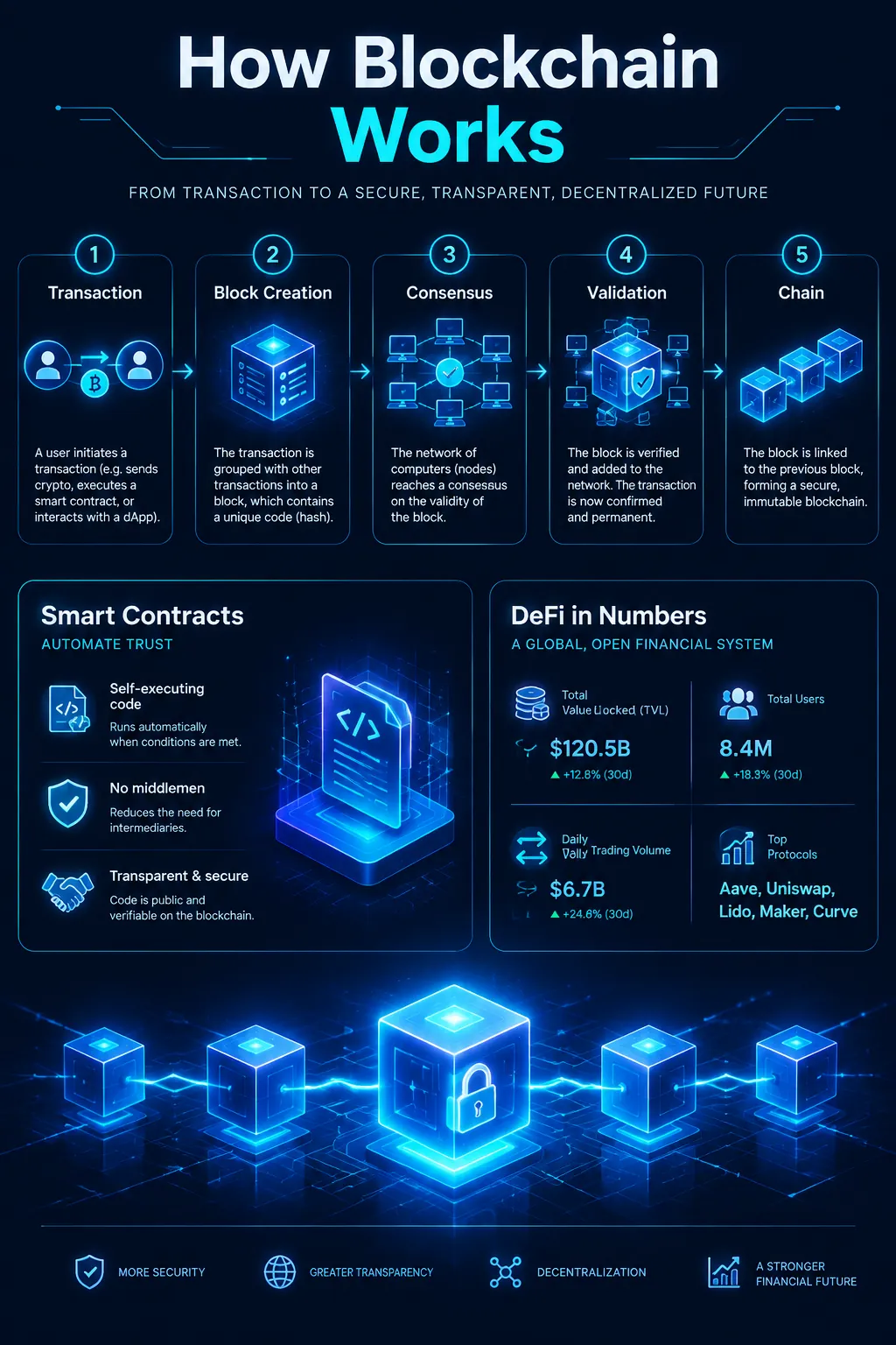Blockchain Technology Explained infographic — How blockchain works: distributed ledgers, consensus mechanisms, smart contracts, DeFi growth, and enterprise adoption a