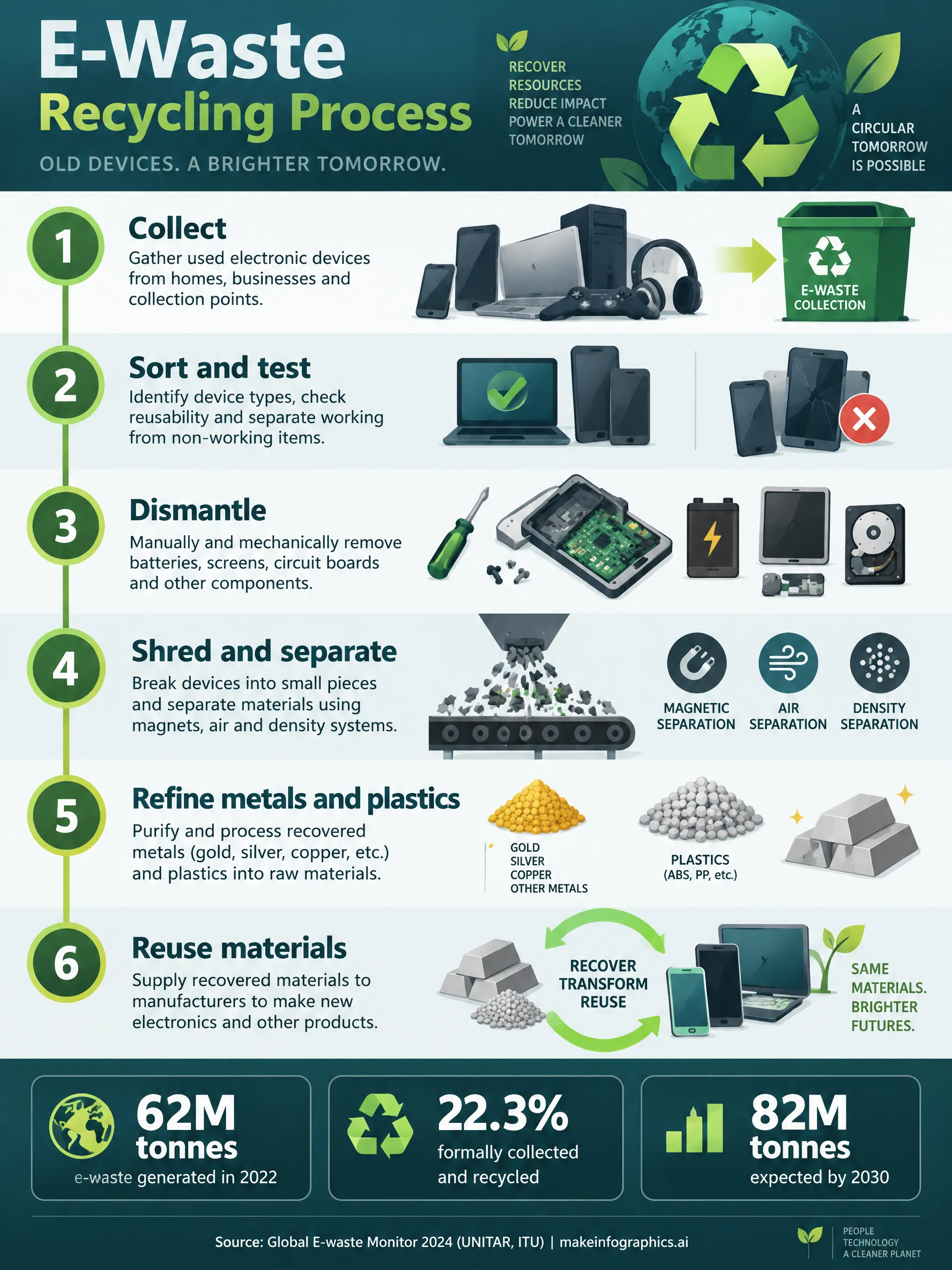 E-Waste Recycling Process & Global Statistics 2026 infographic — Global e-waste hit 62 million tonnes in 2022; only 22.3% was formally recycled—how collection, dismantling, shredding, s