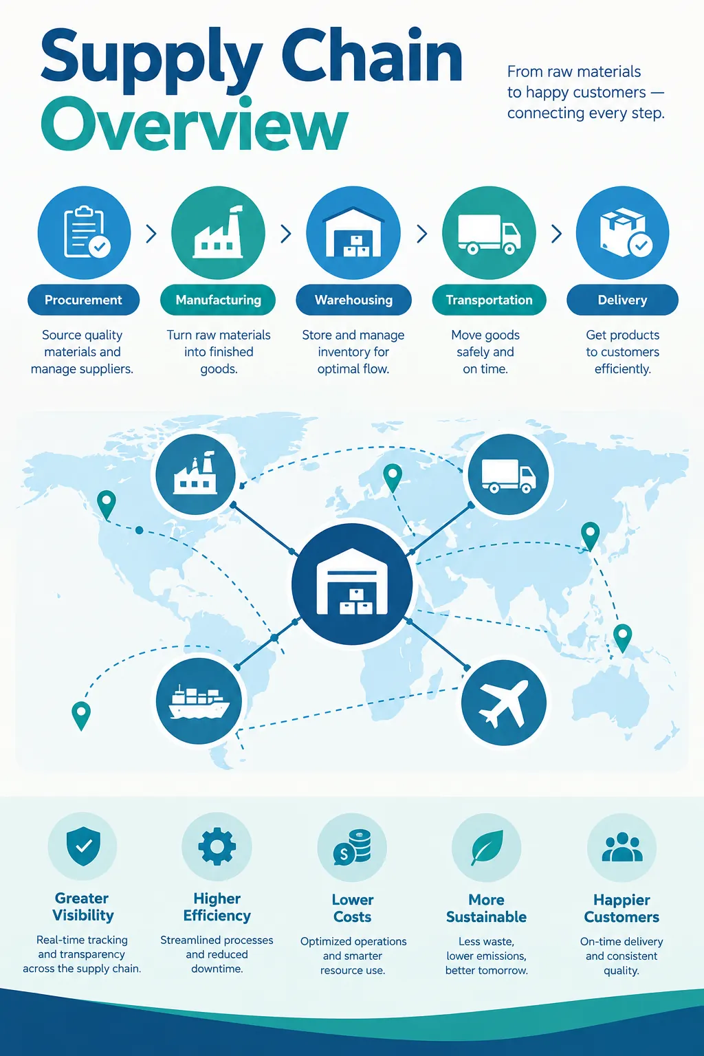 Supply Chain Management Overview infographic — Modern supply chain management: procurement, logistics, inventory optimization, digital twin technology, and resilience