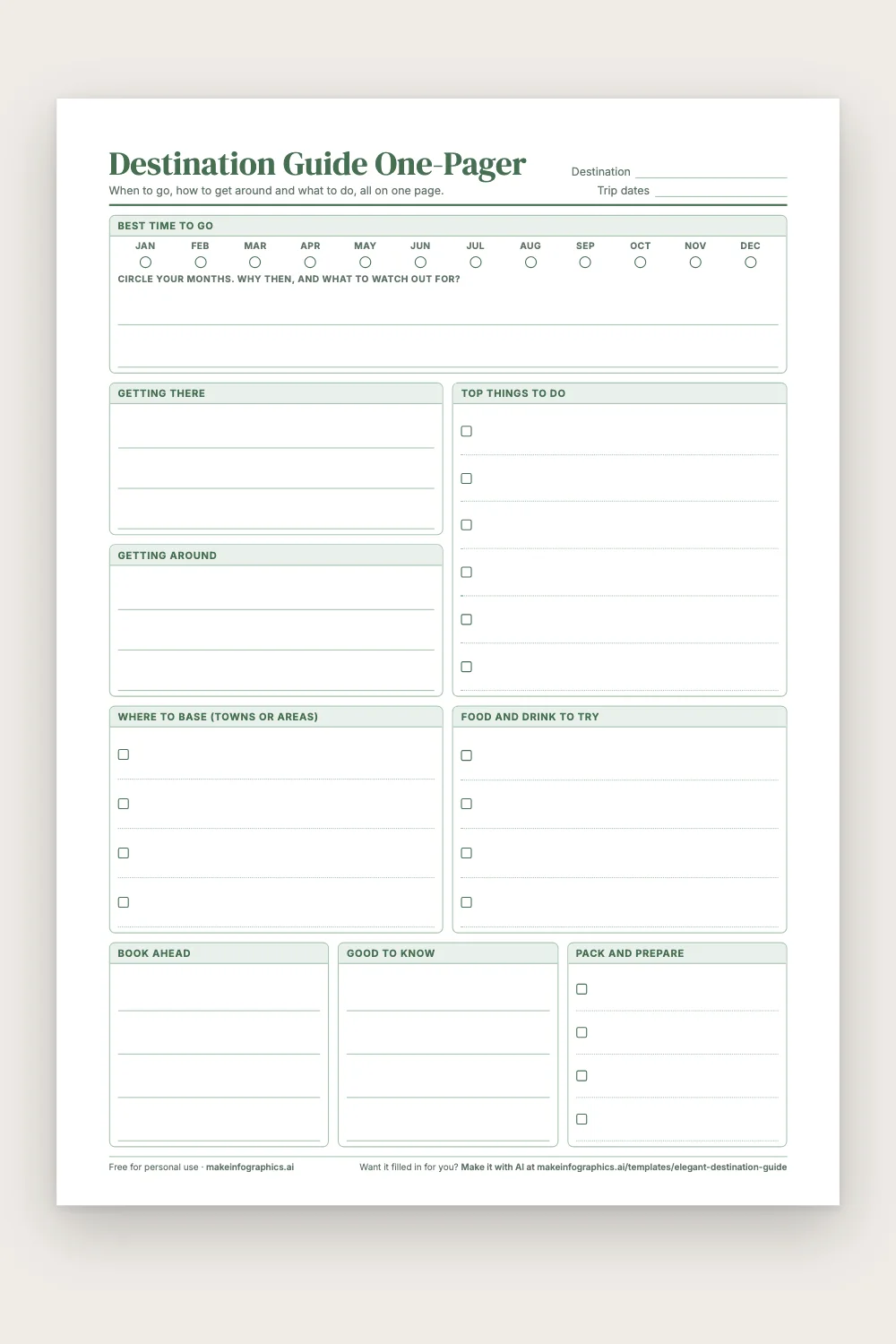 Blank printable Destination Guide One-Pager in Sage green