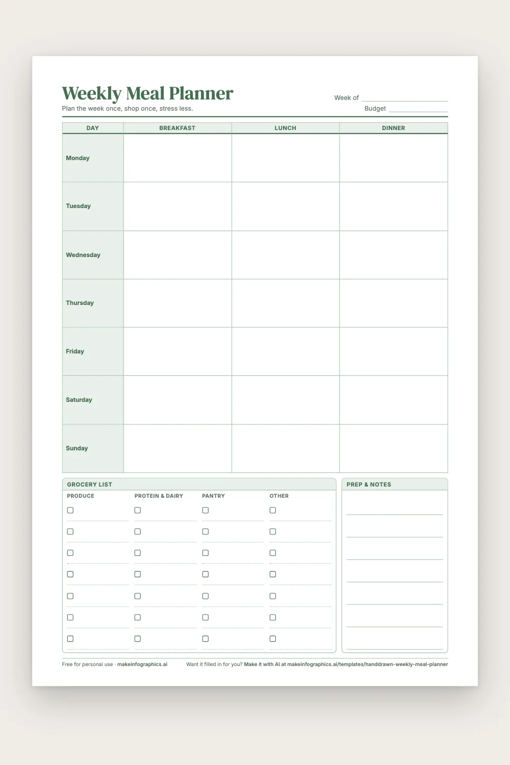 Blank printable Weekly Meal Planner in Sage green