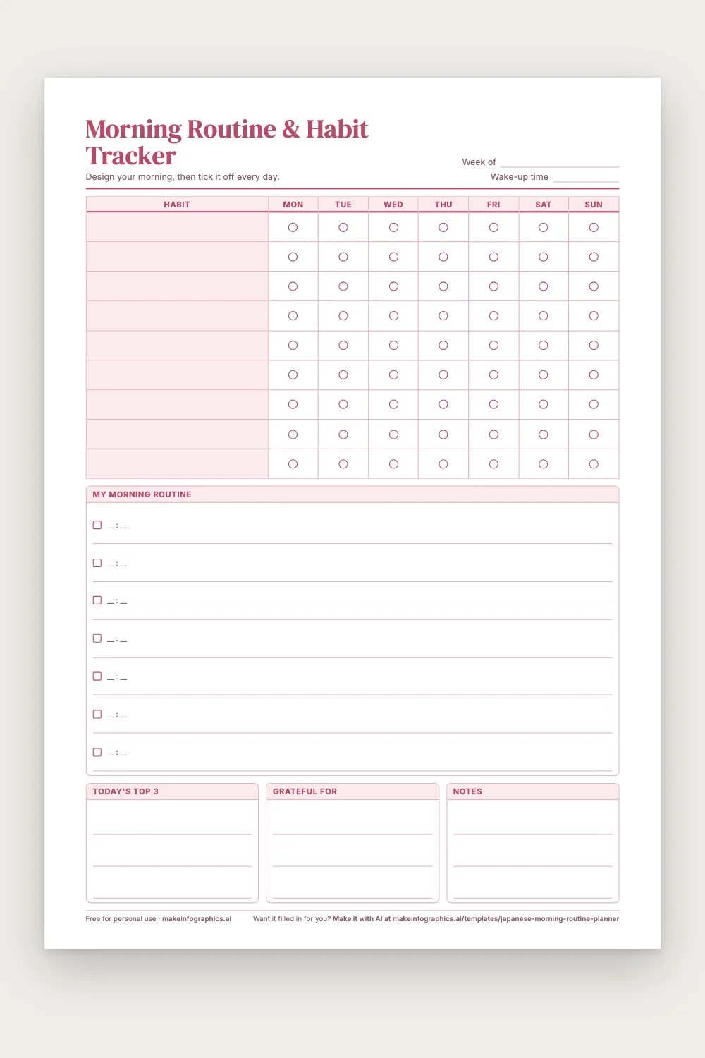 Blank printable Morning Routine & Habit Tracker in Blush pink