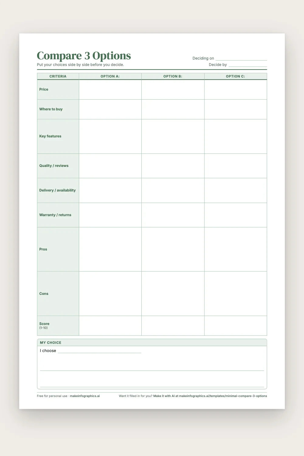 Blank printable Compare 3 Options in Sage green