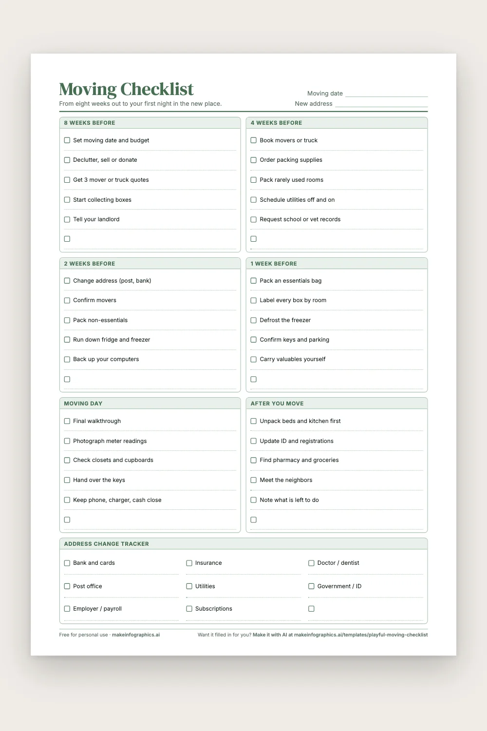 Blank printable Moving Checklist in Sage green