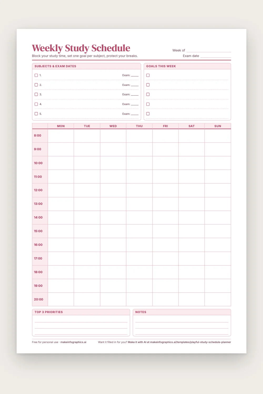 Blank printable Weekly Study Schedule in Blush pink