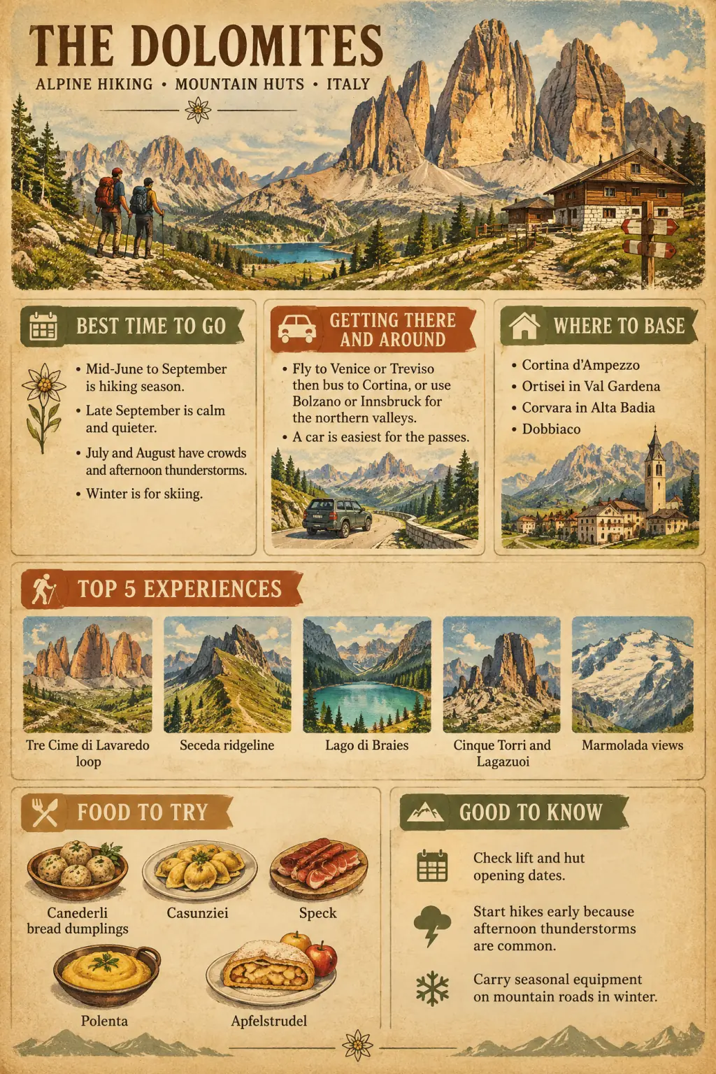 The Dolomites for hikers, 6 days: Destination Guide One-Pager example in Vintage style