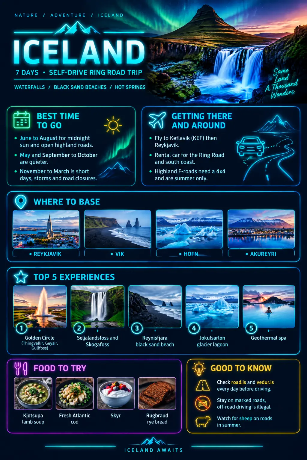 Iceland Ring Road in June, 7 days: Destination Guide One-Pager example in Dark style