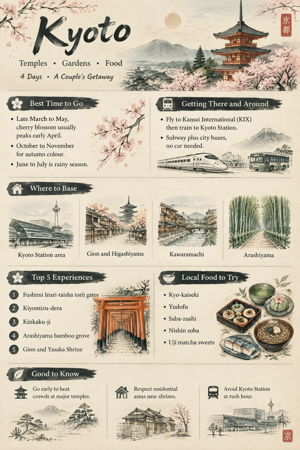Kyoto in early April, 4 days: Destination Guide One-Pager example in Japanese style