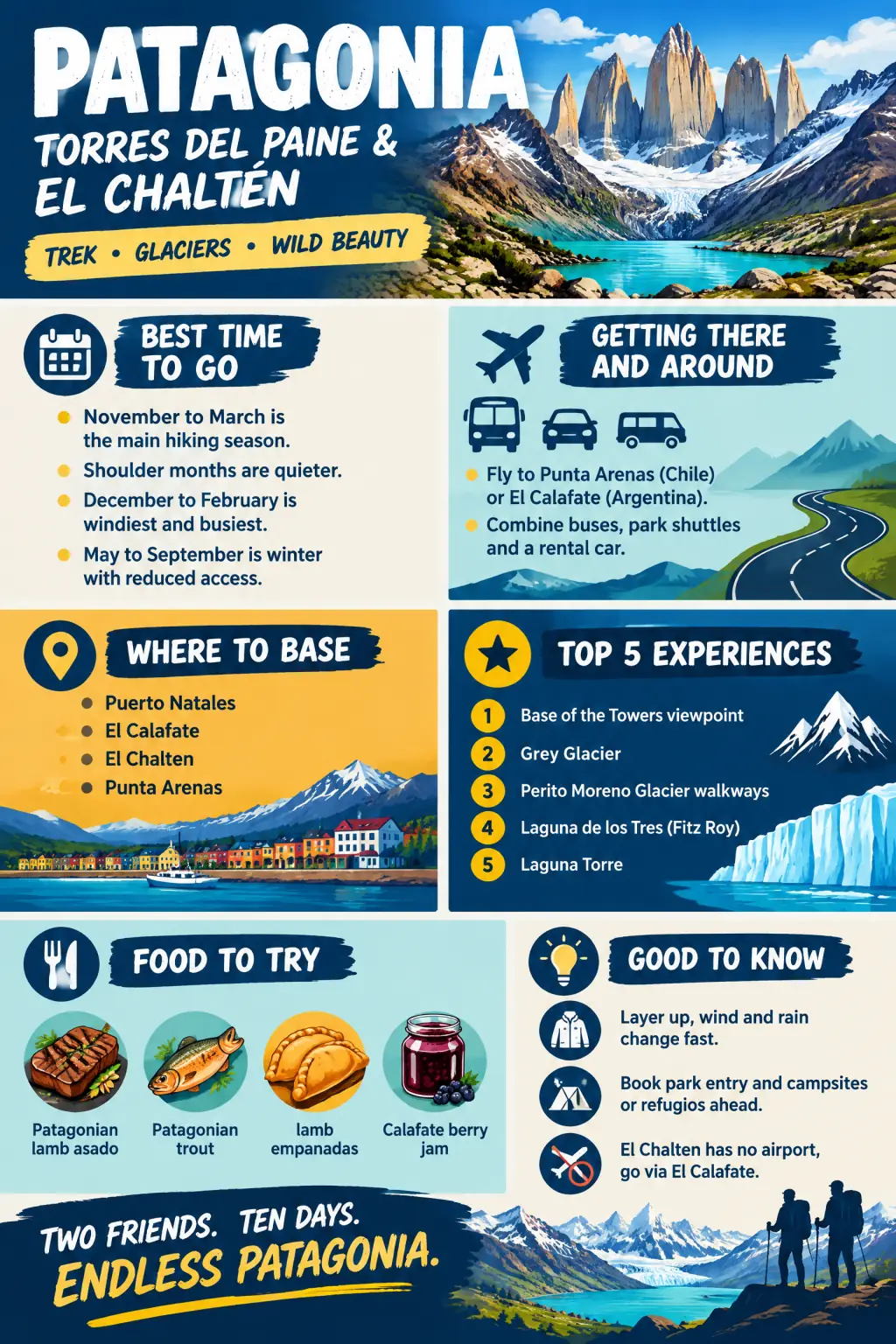 Patagonia trekking, 10 days: Destination Guide One-Pager example in Bold style